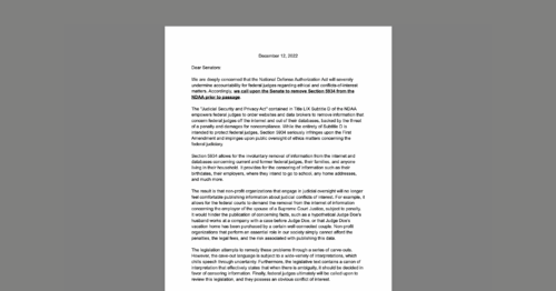 CDT Joins Letter Urging Senate to Remove Section 5934 from NDAA Prior to Passage. White document on a grey background.