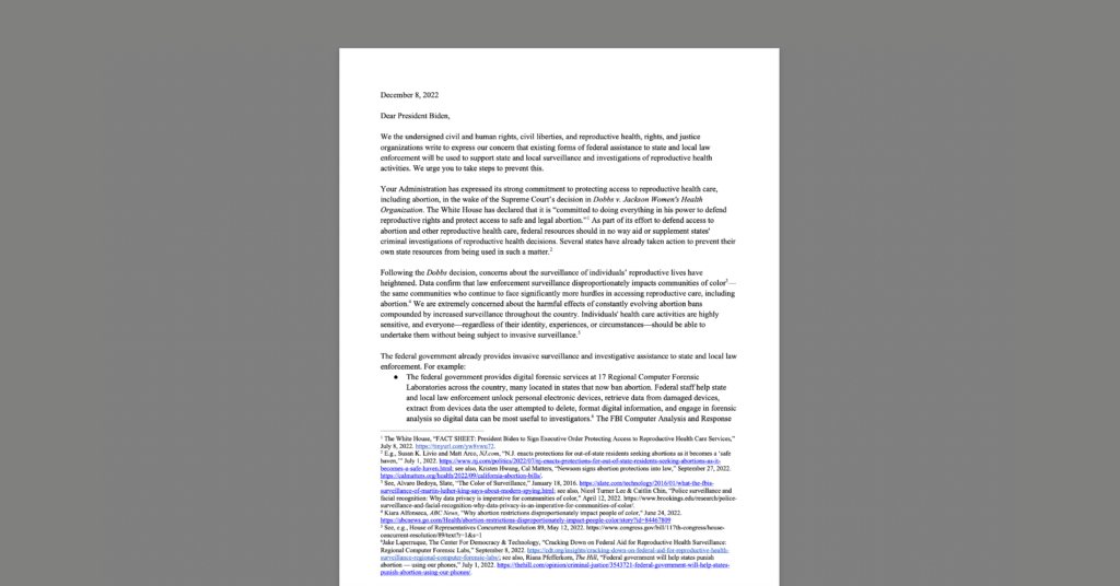 CDT-Led Coalition Urges Administration Not to Allow Local Police to Use Federal Support for Abortion Investigations and Prosecutions. White document on a grey background.