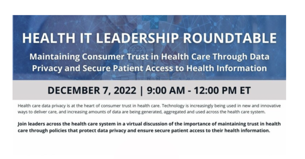 Graphic for an event, entitled "Health IT Leadership Roundtable #5." December 7, 2022 from 9 am - 12 pm ET.