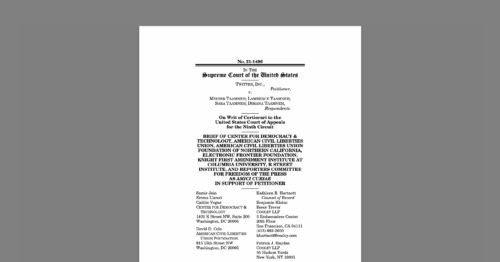 Free Expression Organizations File Amicus Brief in Supreme Court Case Twitter v. Taamneh. White document on a grey background.