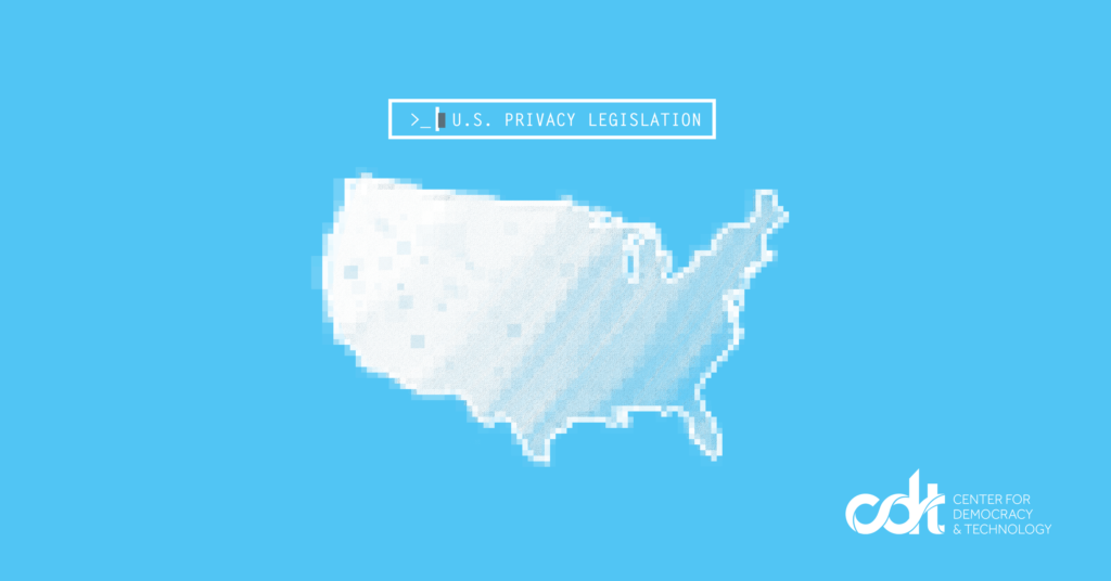 A white outline of the United States, with a digital gradient. Text: "U.S. Privacy Legislation."
