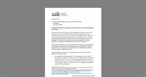 CDT Comments Scrutinize NYC's Revised Rules That Leave Even More Workers Unprotected From Algorithmic Bias. White document on a grey background.
