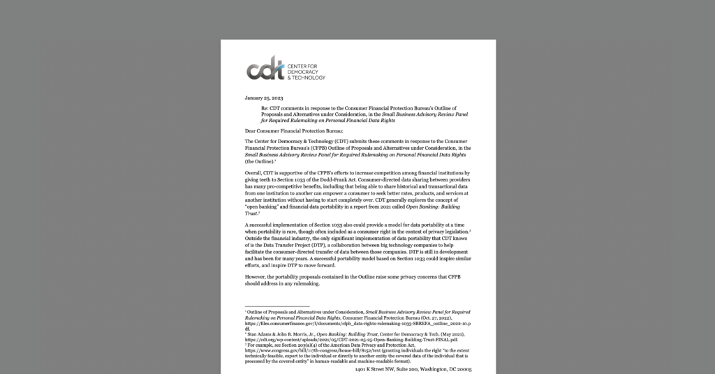 CDT submitted comments to the CFPB on personal financial data rights. White document on a grey background.