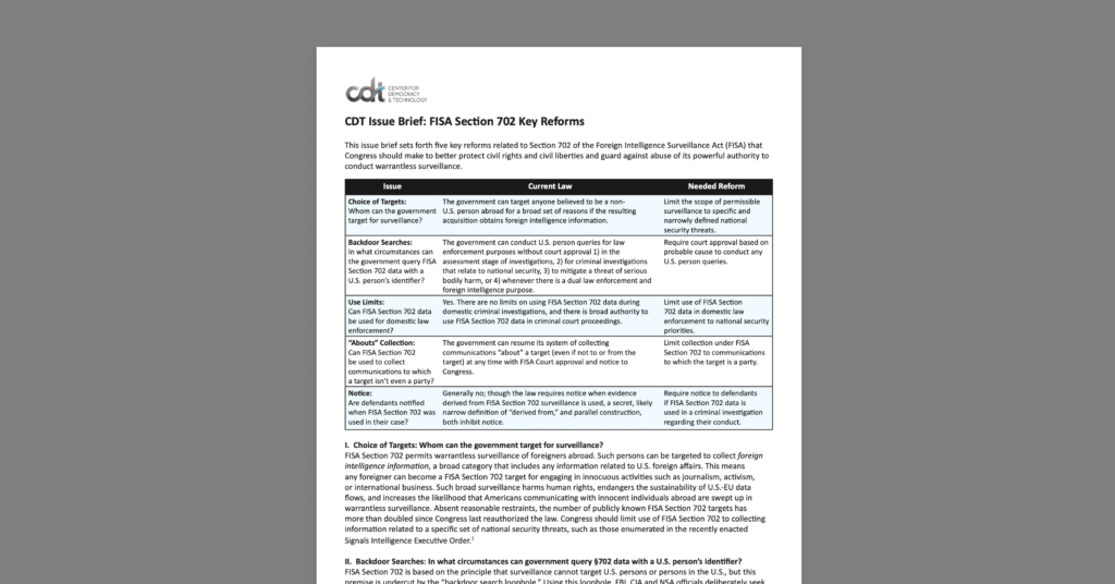 CDT Issue Brief: FISA Section 702 Key Reforms. White document on a grey background.