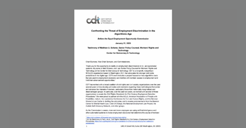 CDT Testimony Before U.S. EEOC on Employment Discrimination in AI and Automated Systems. White document on a grey background.