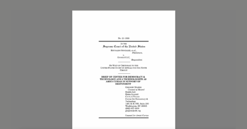 CDT and Technologists File SCOTUS Brief Urging Court To Hold that Section 230 Applies to Recommendations of Content. White document on a grey background.