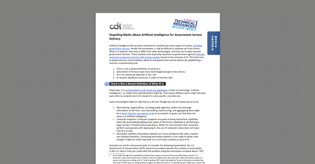 CDT issue brief, entitled "Dispelling Myths About Artificial Intelligence for Government Service Delivery." White document on a grey background.