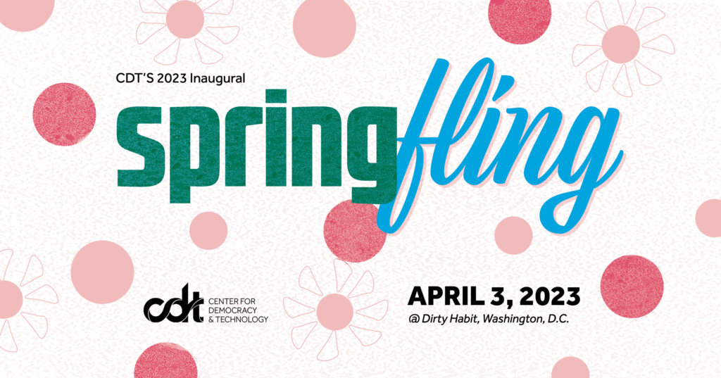 Graphic for CDT’s 2023 Inaugural Spring Fling. Green and blue text are surrounded by light pink blossoms and bright red bulbs.