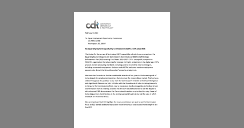 CDT Comments Supporting EEOC's Recognition of Discriminatory Tech as an Enforcement Priority. White document on a grey background.