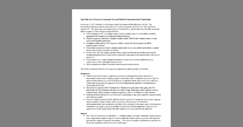 CDT Joins 400+ Other Orgs and Individuals Urging Senate to Confirm Gigi Sohn to FCC. White document on a grey background.