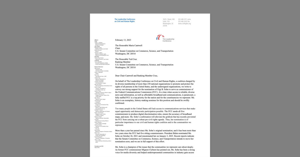 CDT Joins Civil Rights Groups in Support of Swift Confirmation of Gigi Sohn to FCC. White document on a grey background.