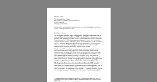 CDT Joins Coalition in Urging CFPB to Protect Consumers' Financial Privacy. White document on a grey background.