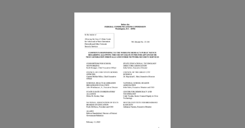 CDT Joins Comments Urging FCC to Support to Support Robust Cybersecurity for K-12 Institutions. White document on a grey background.
