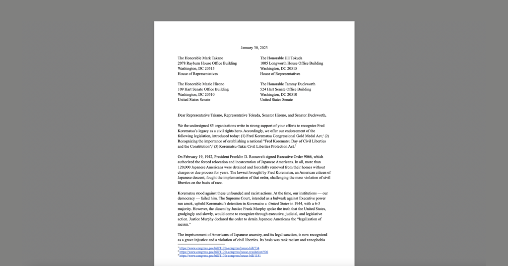 CDT Joins Letter Asking Congress to Recognize Fred Korematsu’s Legacy as Civil Rights Hero. White document on a grey background.