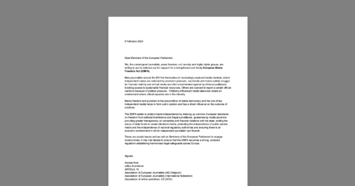 CDT Joins Letter Urging European Parliament to Support European Media Freedom Act (EMFA). White document on a grey background.