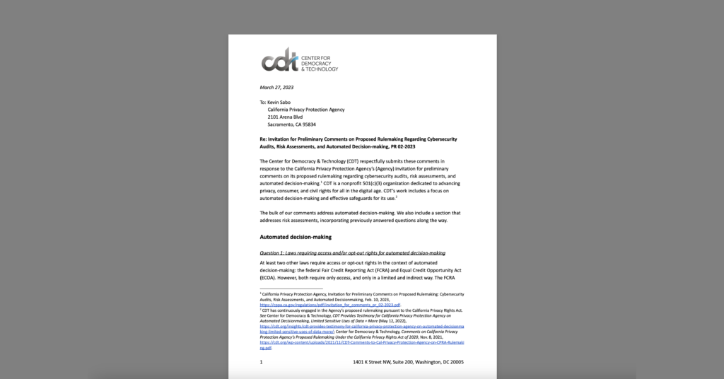 CDT Comments to California Privacy Protection Agency on Automated Decision-making and Risk Assessments. White document on a grey background.