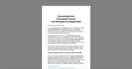 CDT Joins Letter on the Proposed French Law on the 2024 Olympic and Paralympic Games. White document on a grey background.