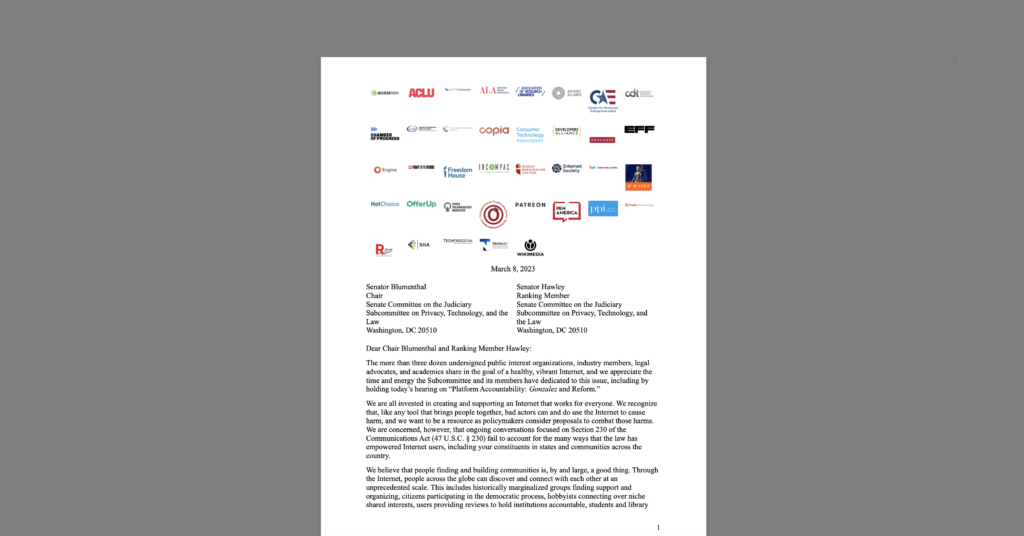 CDT Joins Letter to Senate in Advance of Platform Accountability and Section 230 Hearing. White document on a grey background.