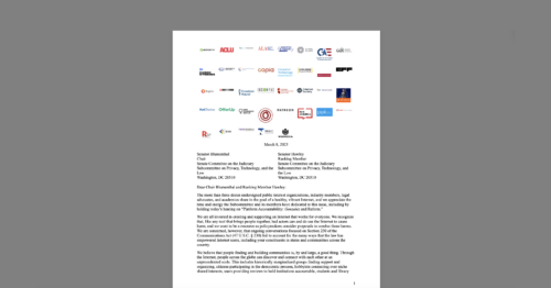 CDT Joins Letter to Senate in Advance of Platform Accountability and Section 230 Hearing. White document on a grey background.