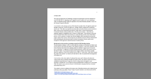 CDT Weighs In on Meta Oversight Board’s case on Takedown of Speech Calling for Attack on Brazil’s National Congress. White document on a grey background.