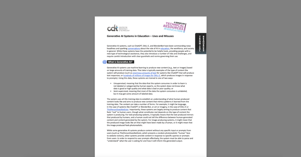 Image of a CDT brief, entitled "Generative AI Systems in Education – Uses and Misuses." White document on a grey background.