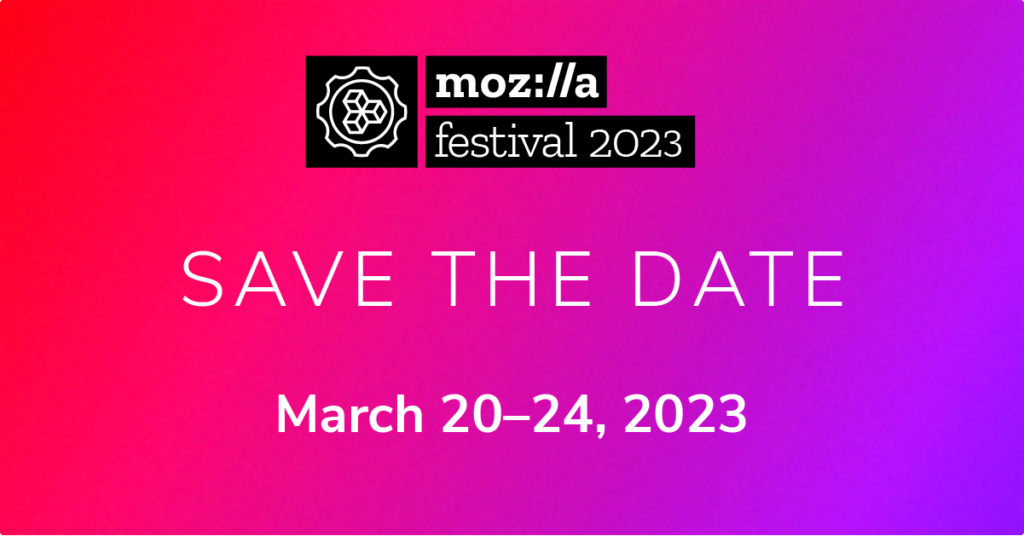 Mozfest 2023 logo save the date over red and purple background
