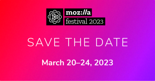 Mozfest 2023 logo save the date over red and purple background