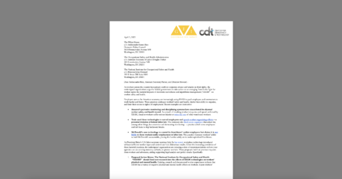 CDT, GFI, Others Send Memos Urging White House to Take Action on Electronic Workplace Surveillance. White document on grey background.