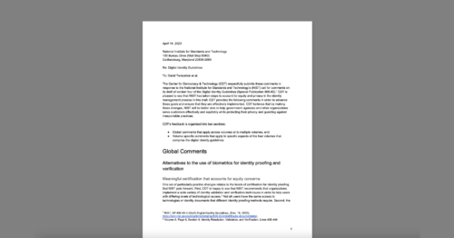 CDT Joined by AJL, Fellow Researchers in NIST Comments Furthering Equity and Privacy in Digital Identity Guidelines. White document on a grey background.