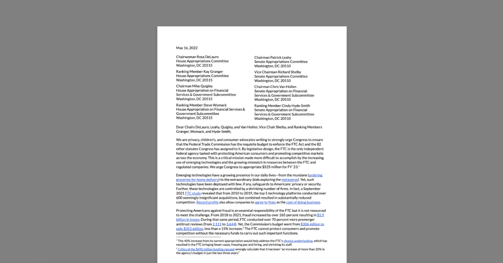 CDT Joins Advocates in Urging Congress to Ensure FTC is Adequately Resourced to Protect Consumers. White document on grey background.