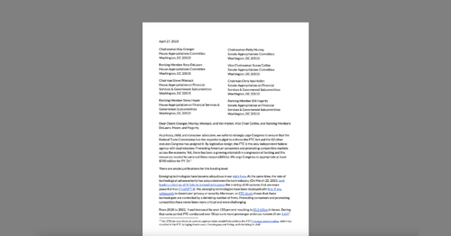 CDT Joins Privacy, Child, and Consumer Advocates in Urging Congress to Ensure FTC Has Enough Resources to Protect Consumers from Harmful, Unfair, Deceptive Data Practices. White document on a grey background.