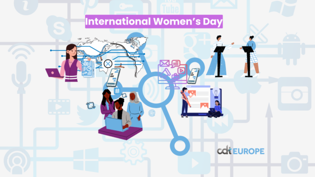 Graphic for CDT report, entitled “International Women’s Day”. The graphic contains an illustration of women in tech and politics and a series of digital-related icons in the background. 