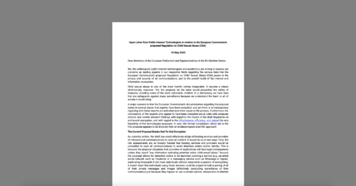 CDT Europe Coordinates Letter from Public Interest Technologists Urging the EU for an Evidenced-Based Approach to Child Protection Online. White document on a grey background.