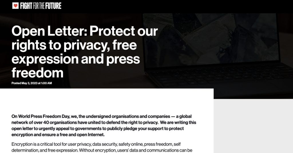 CDT Joins Letter Urging Governments to Support the Protection of Encryption and Ensure an Open Internet on World Press Freedom Day. White text on a black background.