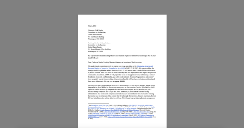CDT Leads Broad Civil Society Coalition Urging Senate to Drop EARN IT Act. White document on a grey background.