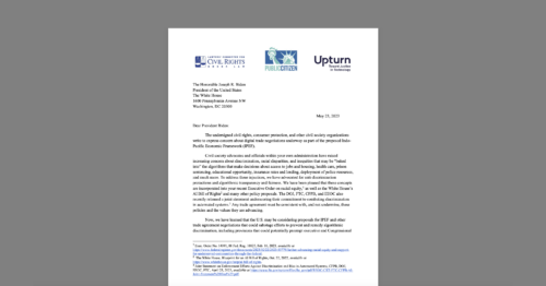 CDT and Civil Society Groups Warn Trade Talks Could Hurt Fight Against Discriminatory Algorithms. White document on a grey background.