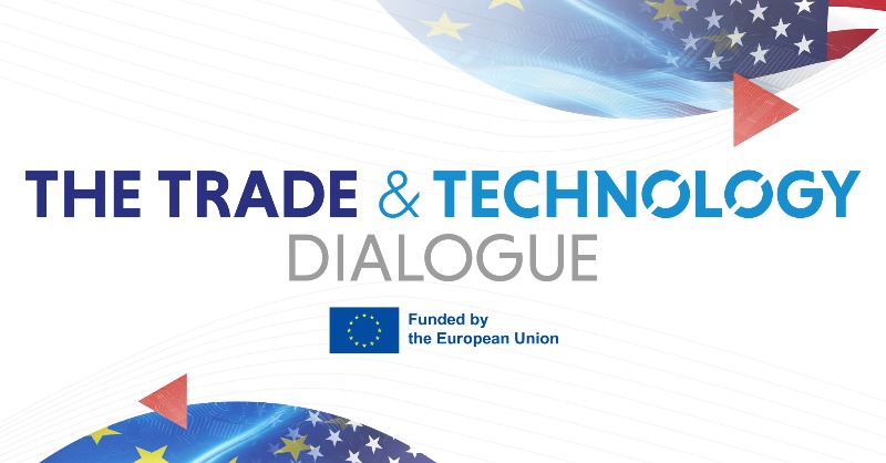 Graphic for Stakeholder Panel Event at the 4th TTC Ministerial Meeting with two quarter circles with EU and US flag images inside.