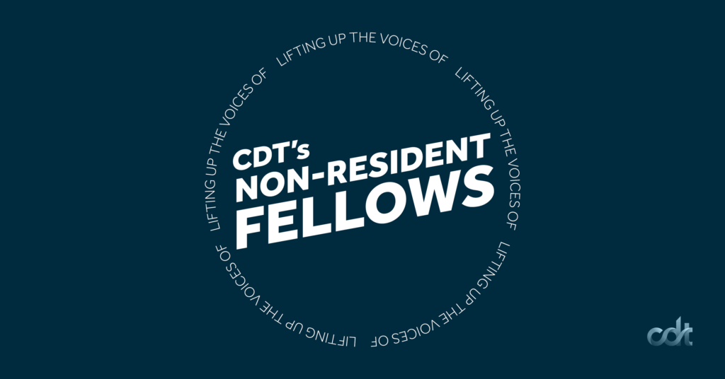 White text on a dark blue / green background: "Lifting up the voices of CDT's Non-Resident Fellows."