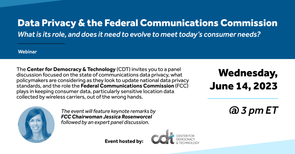 Graphic for a CDT event, entitled "Data Privacy & the Federal Communications Commission"