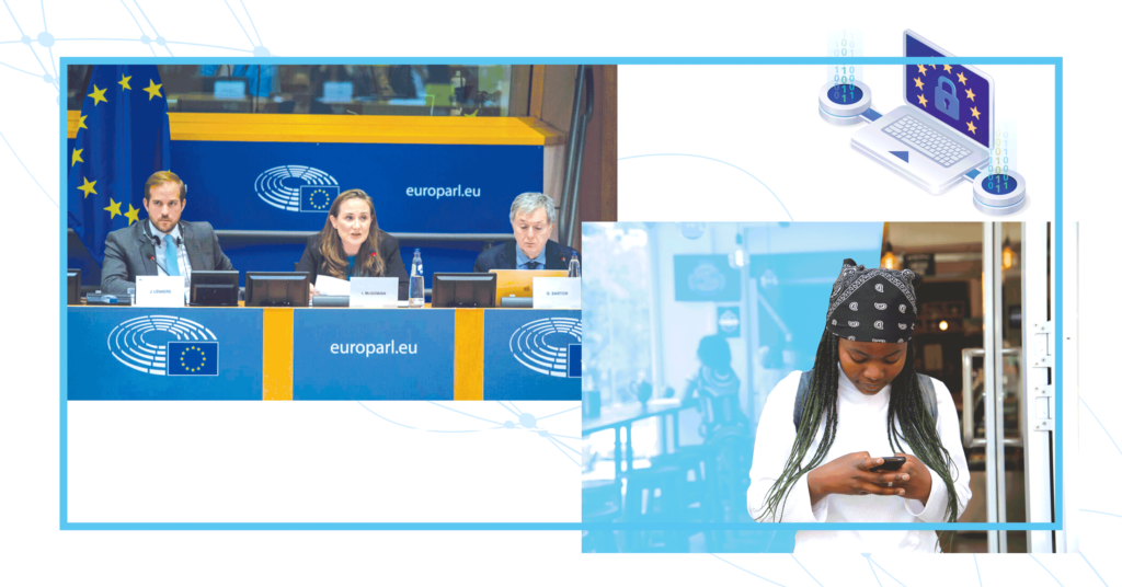 Graphic for feature story in CDT's 2022 annual report, focused on CDT Europe's efforts to center human rights at the center of historic EU legislation. Left to right: CDT Europe Director Iverna McGowan testifying at the EU Parliament; person with long dark braided hair and a bandana looking down at a phone; computer illustration.