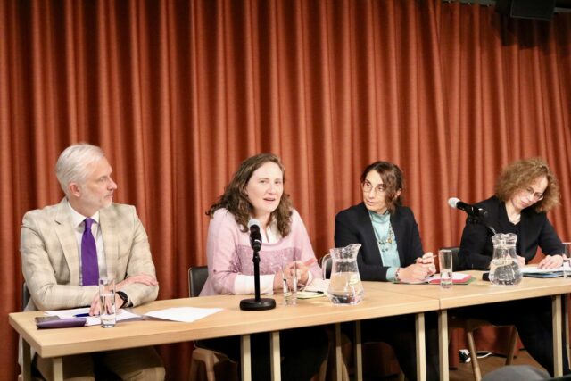 Photograph of four panellists, including CDT Europe’s Iverna McGowan second from left, addressing a seminar on “Digital Diplomacy and Human Rights”.