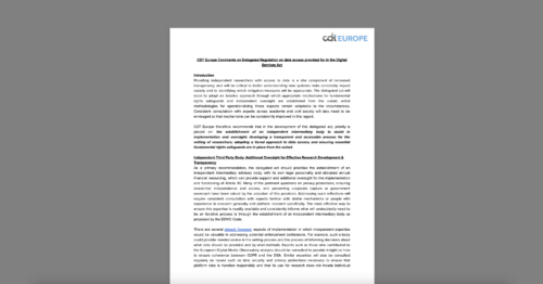 CDT Advises European Commission on How Best to Safeguard Researcher Access to Data in DSA. White document on a grey background.