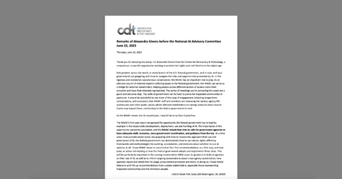 CDT CEO Alexandra Givens' Remarks Before National AI Advisory Committee's June 2023 Session. White document on a grey background.