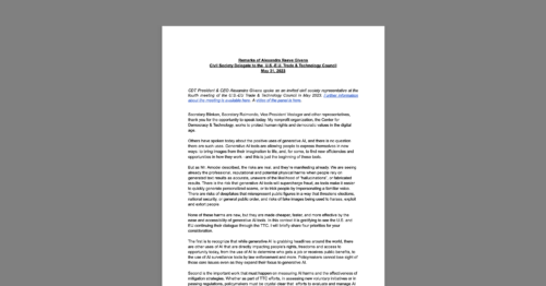 CDT CEO Alexandra Reeve Givens' Remarks as Civil Society Delegate to U.S.-E.U. Trade & Technology Council. White document on a grey background.