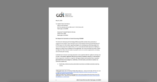 CDT Comments to Federal Agencies Highlight Risks of Data Used in Tenant Screening. White document on a grey background.