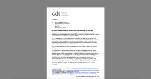 CDT Comments to the U.S. Election Assistance Commission on Voluntary Voting System Guidelines. White document on a grey background.