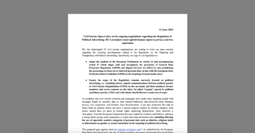 CDT Europe Leads Civil Society Open Letter on the Regulation of Political Advertising: EU Lawmakers Must Uphold Human Rights to Privacy and Free Expression. White document on a grey background.