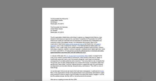 CDT Joins Broad Coalition Opposing Antitrust Exemption for Group Boycotts by Publishers and Broadcasters. White document on a grey background.