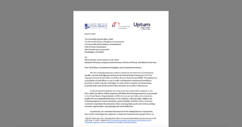 CDT Joins Civil Society Organizations to Call For FTC Rule on Discrimination. White document on a grey background.