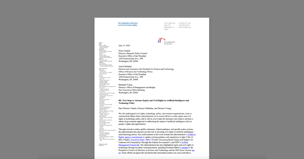 CDT, The Leadership Conference on Civil and Human Rights, and 60+ Organizations Urge White House to Continue Strong Leadership on AI and Civil Rights. White document on a grey background.